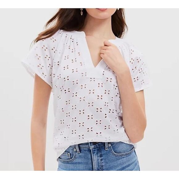 LOFT Women's Eyelet Short Sleeve Split Neck Knit Mixed Media Blouse White Size S - Picture 1 of 11